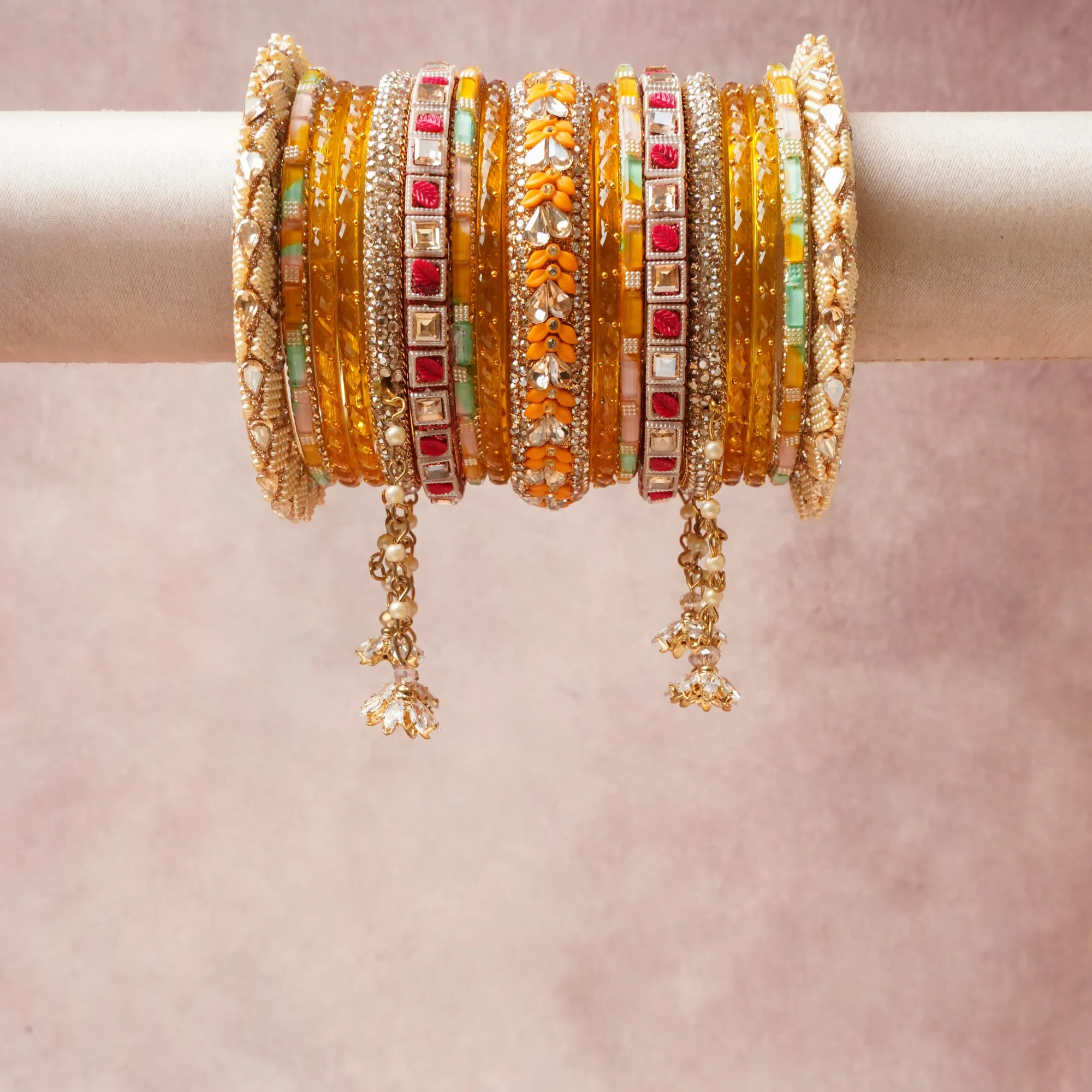 A commanding Golden Yellow anchors this beautiful set, enriched with accents of Deep Red, Coral Orange, Mint Green, Clear Crystal, Pearl White that add depth and dimension.

Featuring a striking composition of Glass, Gold-toned Metal, Crystal, Faux Pearl, Resin, Enamel, this set carries intricate craftsmanship and strong presence. Grand in form, it is created for moments that deserve to be marked.